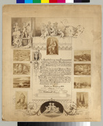 Andenkenblatt mit Zeichnungen und Fotos zum Andenken einer Ausstellung von Transparentgemälden im Kunstverein Kassel 1876