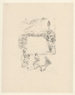 Gefesselte und Kämpfende zu Füßen eines Piedestals, auf dem eine Frau steht, Blatt aus dem Mappenwerk "Die Inseln Wak Wak"