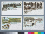 Postkarte (Kassel) mit "Wihelmshöhe von der Allee", "Löwenburg", "Die Cascaden", "Der Aquaduct- / Wasserfall" und "Gruss von WILHELMSHÖHE"