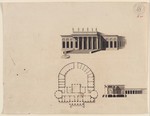 Entwurf für eine Villa, Studienblatt, perspektivische Ansicht, Grundriß und Schnitt (recto); Konstruktionszeichnung (verso)
